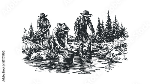 Three men prospect for gold by panning in a river with trees and rocks. Vector hand drawn illustration