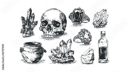 Collection of occult and mystic symbols including a skull and crystals. Vector hand drawn illustration