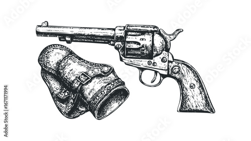 Antique Revolver and Leather Holster on White Background. Vector hand drawn illustration