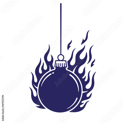 A dark blue christmas ornament surrounded by flames on an isolated white background