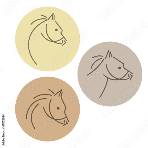 かわいい線画の馬の横顔のイラストセット ロゴ風