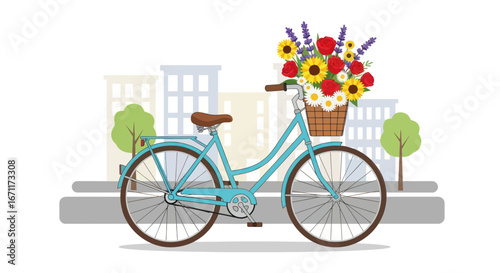 Charming vintage bicycle with a basket overflowing with vibrant blooms against an urban backdrop