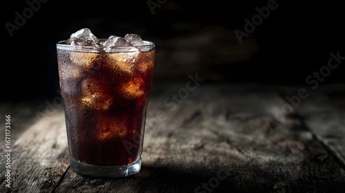Wallpaper Mural Chilled cola drink with ice in a glass on rustic wooden surface Torontodigital.ca
