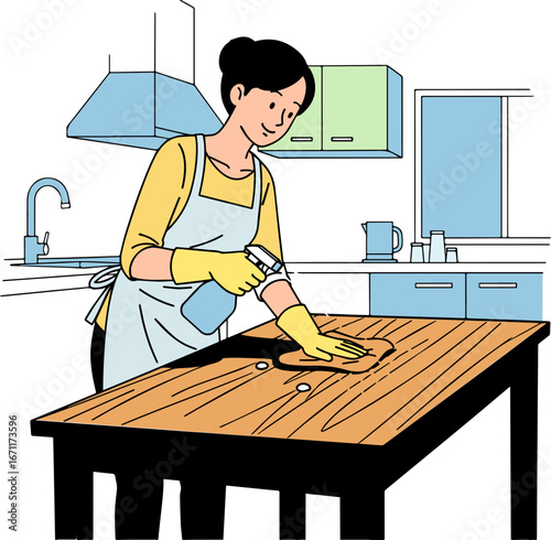 Illustration of a housewife cleaning a table surface	