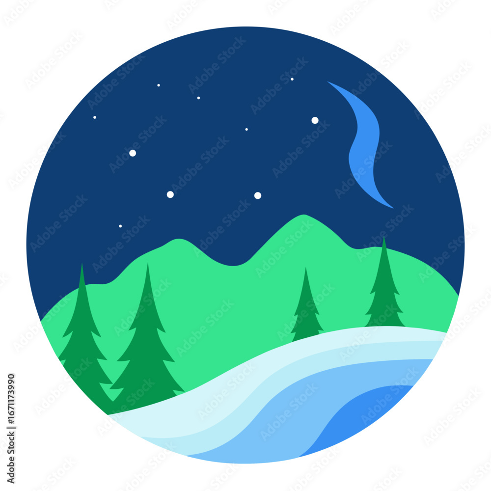 Fototapeta premium Stylized winter night landscape with snow covered hills pine trees and a crescent moon in a starry sky