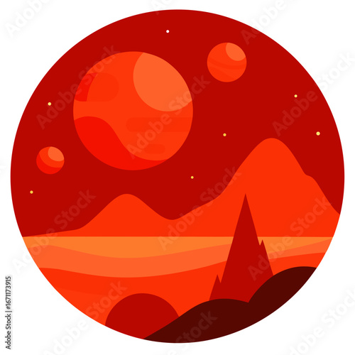 Quadro su tela Stylized martian landscape with multiple moons and distant mountains under a red