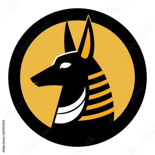 Fotografia Stylized egyptian god anubis depicted as a black jackal head with gold accents i