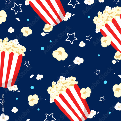 Popcorn seamless pattern wtih dark blue background and white star. Cute movie snack illustration. Can be used for wallpaper, fashion fabric, food element