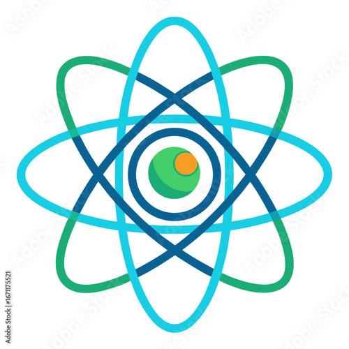 Stylized atomic structure with orbiting electrons in shades of blue and green against a white background