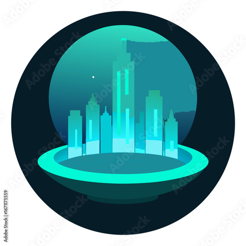 Stylized glowing turquoise cityscape silhouette inside a dark circular frame with a subtle moonlit sky