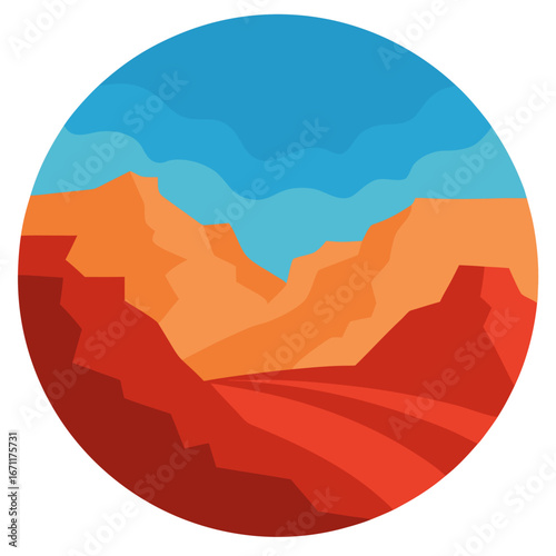 Stylized flat illustration of a vast canyon landscape with layered rock formations under a blue sky