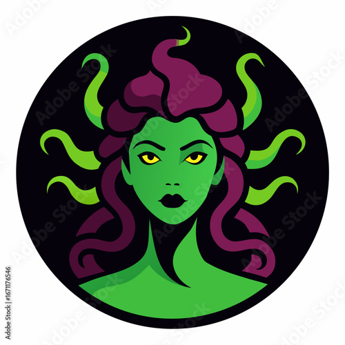Stylized illustration of a green skinned mythical gorgon with purple hair and green snake like tendrils against a dark background