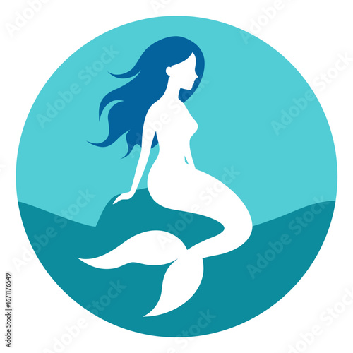 Stylized white mermaid with long blue hair sitting on a rock in the ocean with blue waves and background