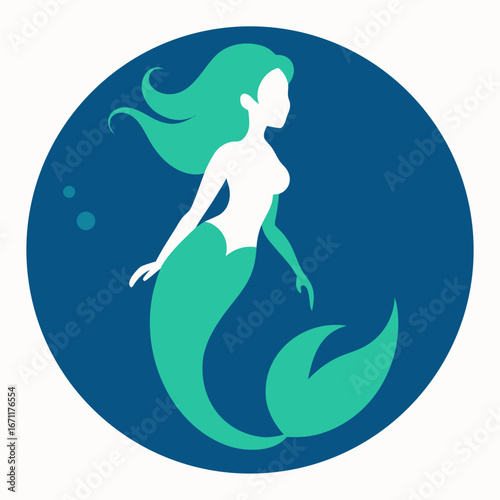 Stylized illustration of a mermaid with flowing green hair and tail swimming in deep blue water with bubbles