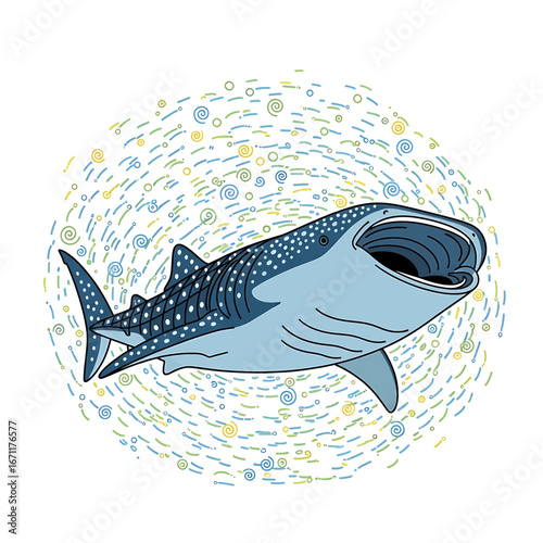 Whale shark Line art Open mouth swirling plankton underwater wildlife conservation ocean theme high quality professional