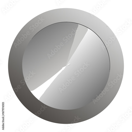 A polished metallic button with a reflective surface and a raised rim on a white background