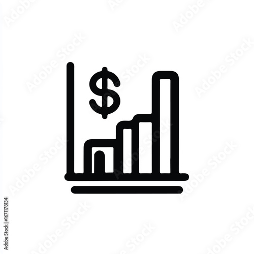 Bar graph with dollar sign coin suitable for financial presentations, investment reports, savings concepts, banking industry promotions, and economic articles.