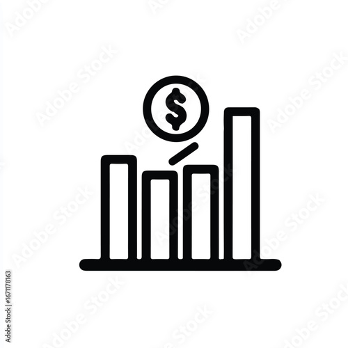 Bar graph with dollar sign coin suitable for financial presentations, investment reports, savings concepts, banking industry promotions, and economic articles.