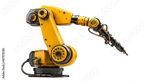 Industrial robot arm with articulated joints and robotic manipulator end effector, cut out transparent