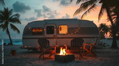 Full shot loop, Vintage camper with fairy lights chairs, With flickering flames in the campfire and tropical sea beach with palm trees in the sunset background, Relaxing travel concept, 4K Video 
