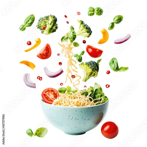 Fresh vegetables and noodles falling into bowl isolate on transparent background