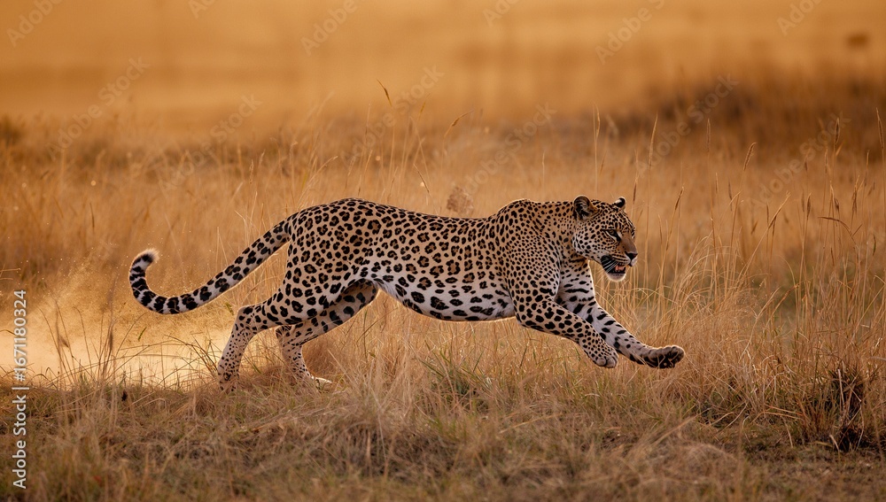 Fototapeta premium Leopard sprints through tall dry grass sunlight wildlife action