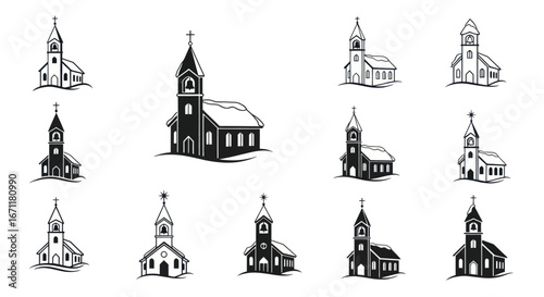 Monochrome church collection with varied architectural styles and religious symbolism evoking faith