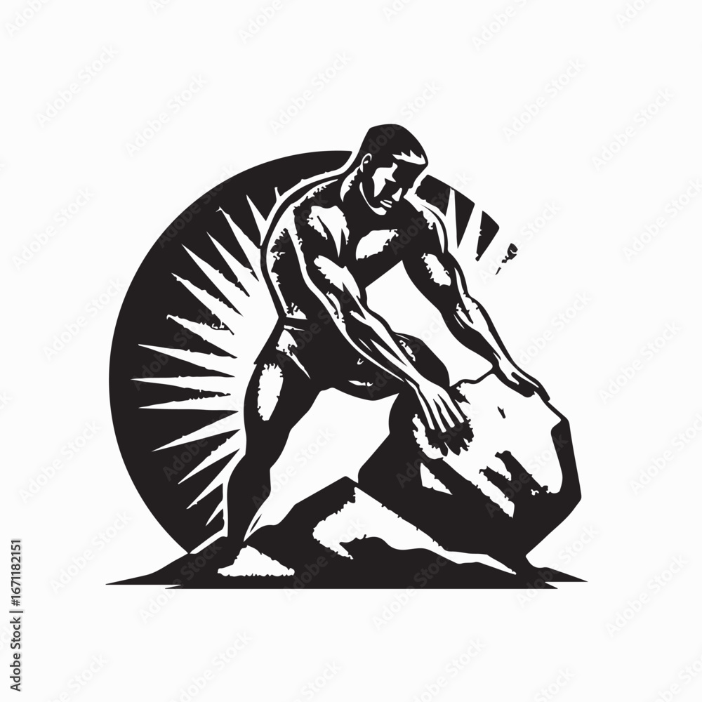 Fototapeta premium Strong Man Pushing Large Boulder Silhouette Vector Illustration Design