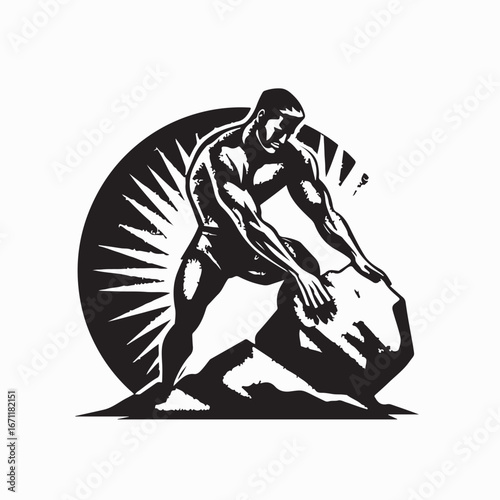 Strong Man Pushing Large Boulder Silhouette Vector Illustration Design