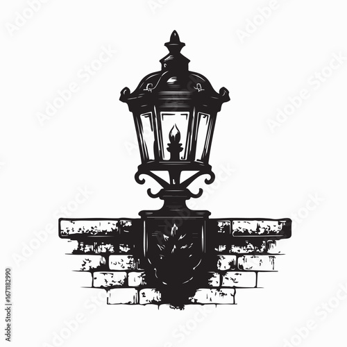 Antique Lantern on Stone Wall Logo Vector Vintage Design Illustration