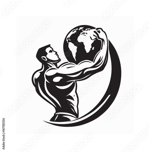 Atlas Muscular Man Holding Globe Logo Vector Strong Hero Design on white background