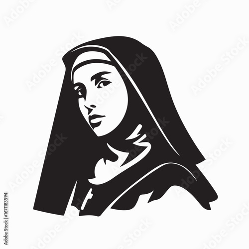 Catholic nun logo design with traditional attire in vector style on white background
