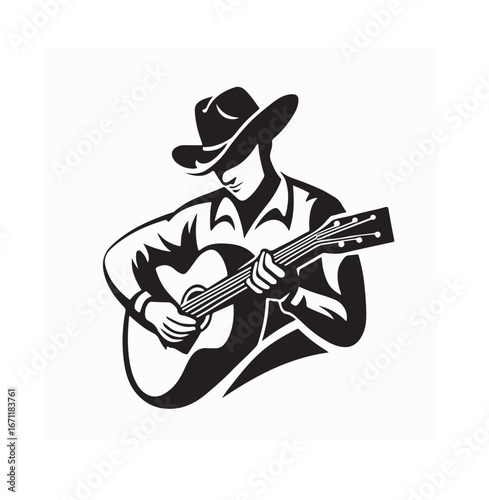 Cowboy playing guitar logo design in vintage wild west style