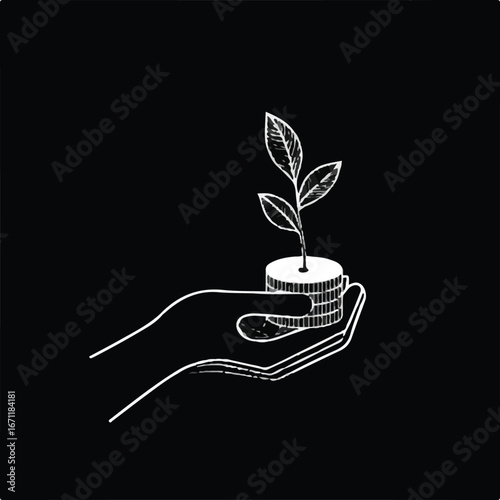 Hand holds coins sprouting a plant against a black background for finance or growth concepts. Ideal for financial growth campaigns.
