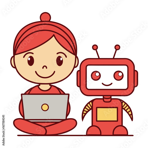 Girl and robot working on a laptop isolated on white background, learning coding and programming together