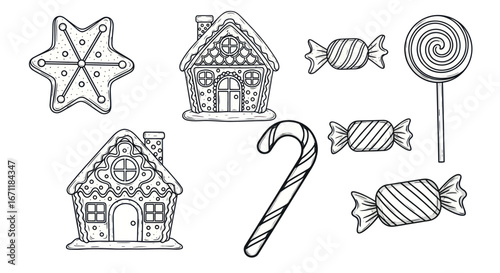 Hand-drawn Christmas sweets collection for coloring pages or festive designs with outlined