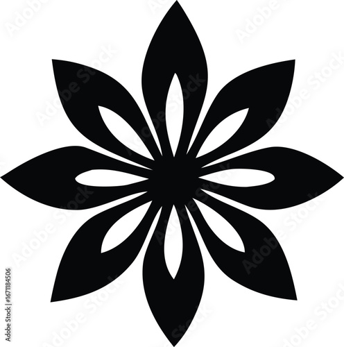 Elegant black eight-petal flower silhouette design graphic element for decoration and art applications