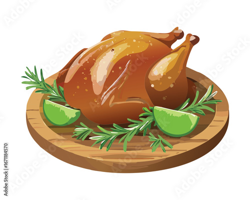 A beautifully roasted chicken on a platter with fresh limes and herbs - Vector Illustration