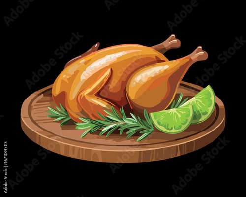 A full, beautifully roasted chicken served with fresh lime slices and herbs - Vector Illustration
