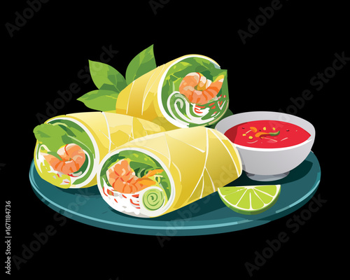 Crispy fried spring rolls with fresh vegetables and dipping sauce, a classic appetizer or snack, served on a plate - Vector Illustration