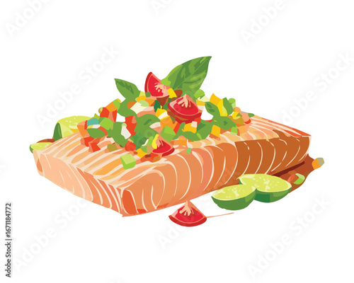 A delicious salmon steak with a topping of fresh diced vegetables and lime slices - Vector Illustration
