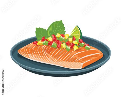 A tasty fillet of grilled salmon topped with a fresh, vibrant lime and tomato salsa - Vector Illustration
