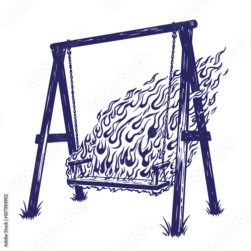 Burning swing set illustration depicting the concept of destruction and the end of innocence