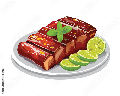 A portion of perfectly grilled pork ribs on a plate, served with lime slices and herbs - Vector Illustration

