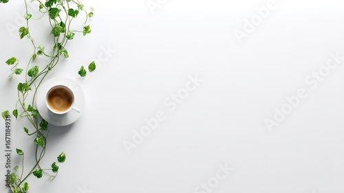 コーヒーカップと植物を置いたミニマリストなワークスペース。上から見るとシンプルさと生産性が際立っています。