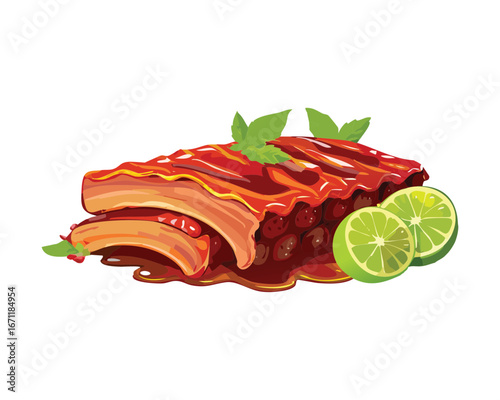 A serving of barbecued pork ribs on a white plate, served with fresh lime slices - Vector Illustration
