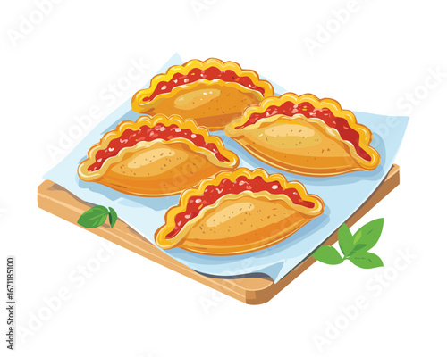 A Delicious Guava and Cheese Empanada with a Slice of Fresh Guava, a Savory and Sweet Treat - Vector Illustration