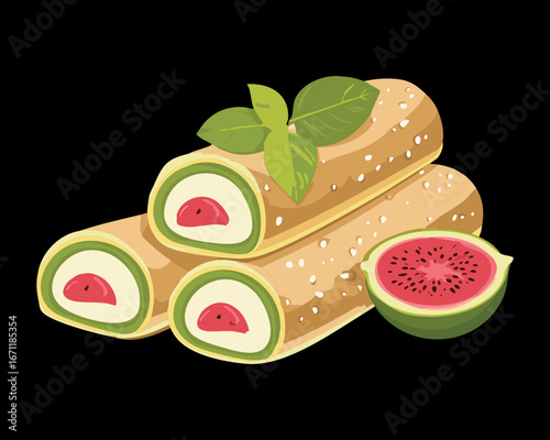 Delicious dessert rolls filled with fresh fig and pear, a perfect sweet treat for any occasion - Vector Illustration