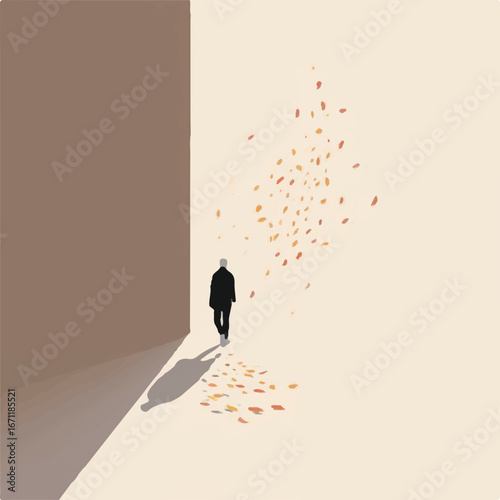 Man walks toward a doorway surrounded by falling leaves and sunlight. Suitable for autumn promotions, seasonal advertising, nature themes.