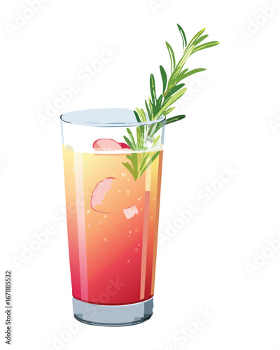 Vibrant Grapefruit and Pear Cocktail in a Tall Glass with a Rosemary Sprig - Vector Illustration